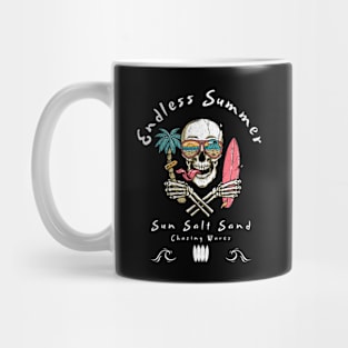 Endless Summer T-Shirt: Skull with Surfboard & Sunglass-Wearing Palm Tree - Surfwear Tee Mug